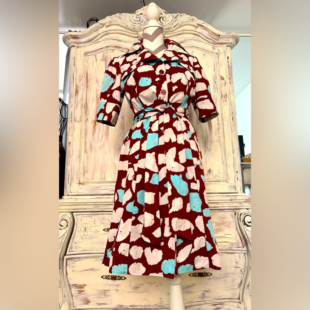 Diane Von Furstenberg Brown and Blue Midi Dress with Notched Collar